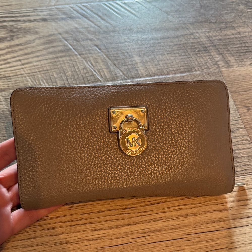 Michael Kors Taupe Leather Clutch with Gold Accent